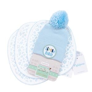 Baby‎ Boy "Little Bro" Hat & Leopard Print Bibs Set Newborn Blue Soft Cotton